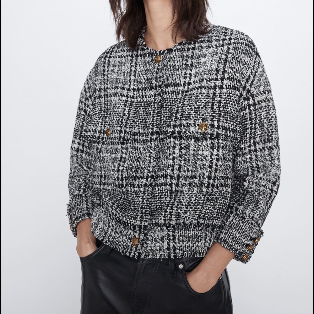 Zara Houndstooth Bomber TWEED Jacket w/ Pockets & Gold Buttons Black/White NEW